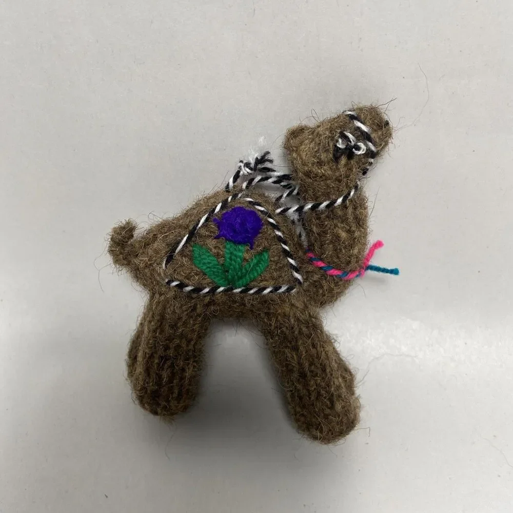 Plush 5 Inch Stuffed Brown Camel Christmas Ornament Red Purple Flowers